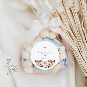 Pegatina Redonda Rosas de oro rosado de Rubor Christening Favor