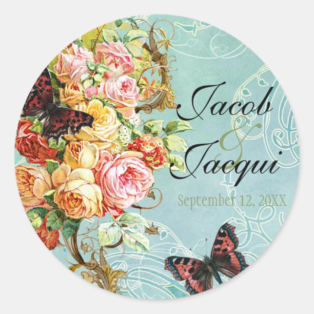 Pegatina Redonda Rosas de Rosa de época mariposa mariposas Swirls (Anverso)