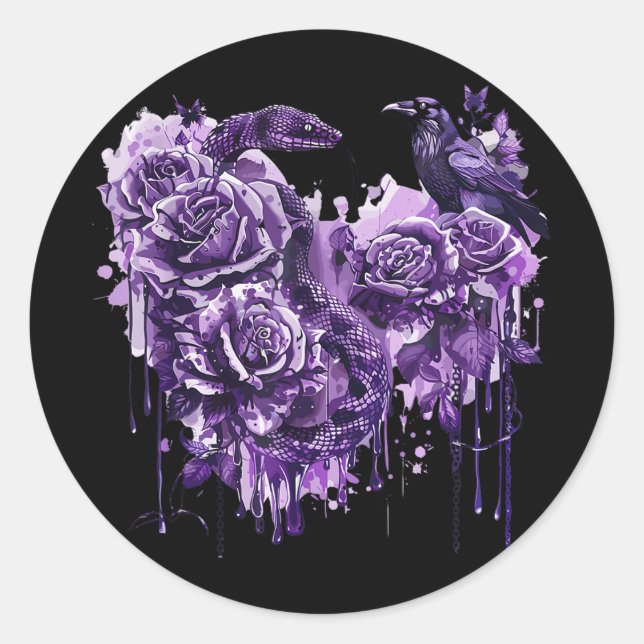 Pegatina Redonda Rosas de serpientes de Raven Gothic Steampunk Bike (Anverso)