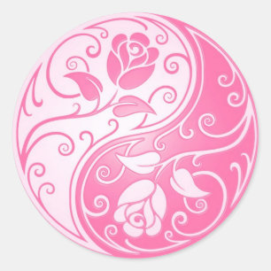 Pegatina Redonda Rosas de Yin Yang, rosados