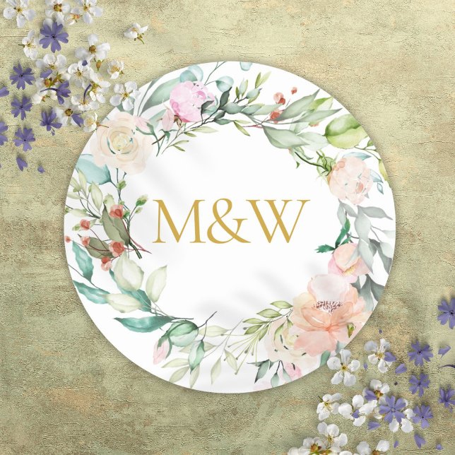 Pegatina Redonda Rosas del Monograma Dorado Garland Floral (Gold Monogram Initials Roses Garland Floral Classic Round Sticker)