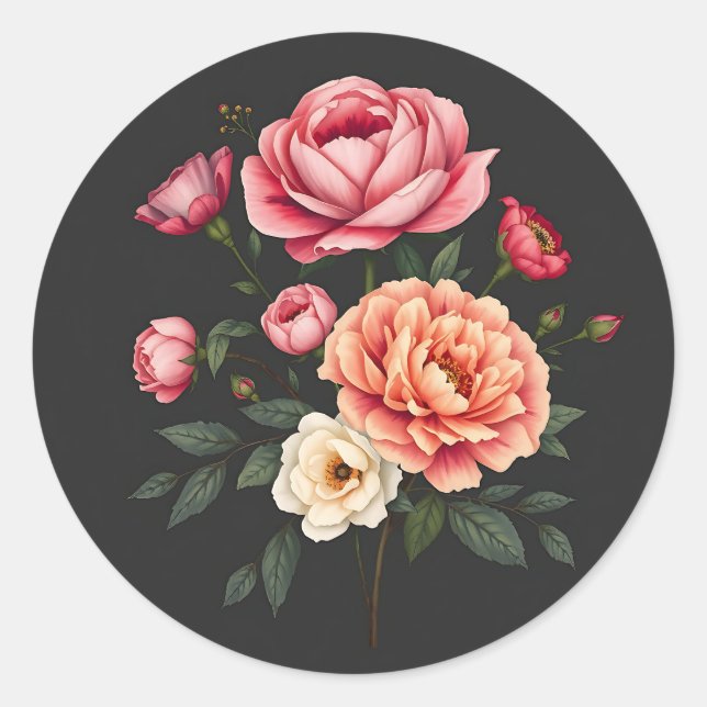 Pegatina Redonda Rosas elegantes Peonies and Hydrangeas Flowers (Anverso)