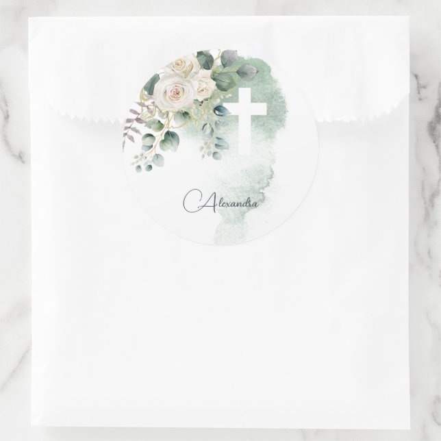 Pegatina Redonda Rosas elegantes religiosos Cruz Verde de lavado (Bolso)