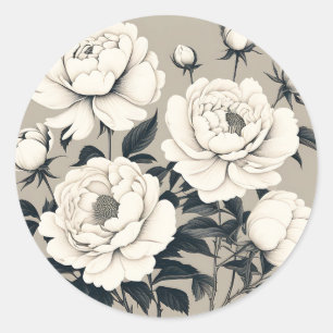Pegatina Redonda Rosas Elegantes Y Peonies Florales En Crema