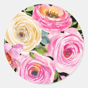 Pegatina Redonda Rosas en acuarela en rosa y crema sobre negro