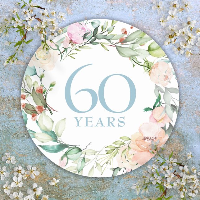 Pegatina Redonda Rosas Floral Garland 60º 75º aniversario Boda (Roses Floral Garland 60th 75th Wedding Anniversary Classic Round Sticker)