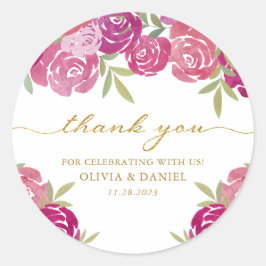 Pegatina Redonda Rosas Floral Rosa y Morado Acuarela Gracias