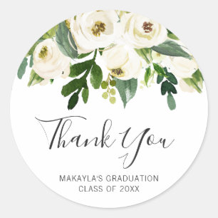 Pegatina Redonda Rosas Florales Blancos Sencillos Graduación Elegan