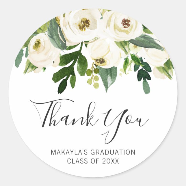 Pegatina Redonda Rosas Florales Blancos Sencillos Graduación Elegan (Anverso)