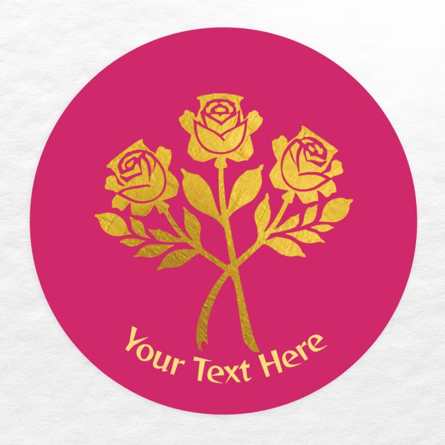 Pegatina Redonda Rosas florales de Raspberry Pink Faux Gold Persona (A sticker with faux gold rose flowers on a raspberry pink background. Personalize with your own text)