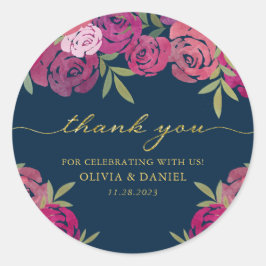 Pegatina Redonda Rosas Florales Rosa y Púrpura Azul Gracias