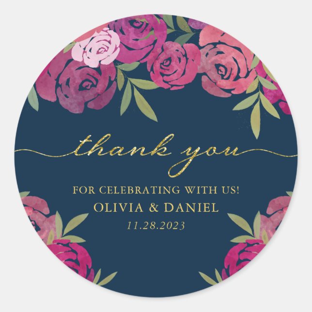 Pegatina Redonda Rosas Florales Rosa y Púrpura Azul Gracias (Anverso)