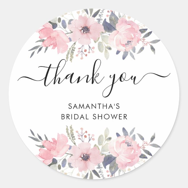 Pegatina Redonda Rosas florales rosadas acuarela guión gracias (Anverso)
