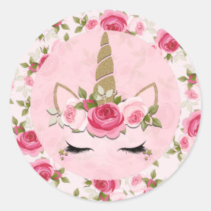 Pegatina Redonda Rosas Florales Rosadas Unicornio Gold Lindas Moder