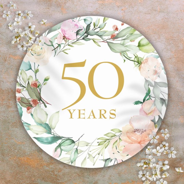 Pegatina Redonda Rosas Garland Gold 50 años Boda (Roses Garland Gold 50th Wedding Anniversary Classic Round Sticker)
