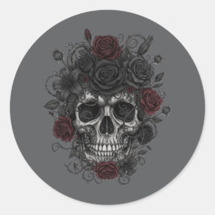 Pegatina Redonda Rosas góticas calavera – Día de los Muertos