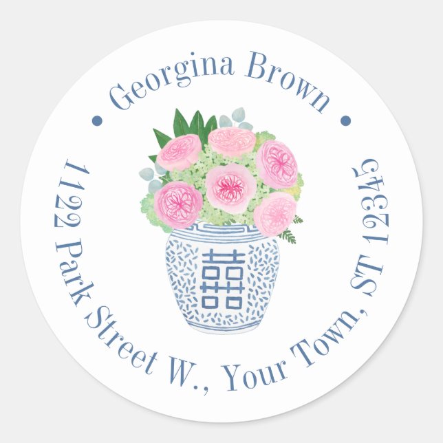 Pegatina Redonda Rosas Inglesas Rosadas Preppy Dirección de Devoluc (Anverso)