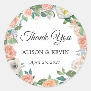 Pegatina Redonda Rosas Jardín Floral Wreath Wedding Favor Gracias