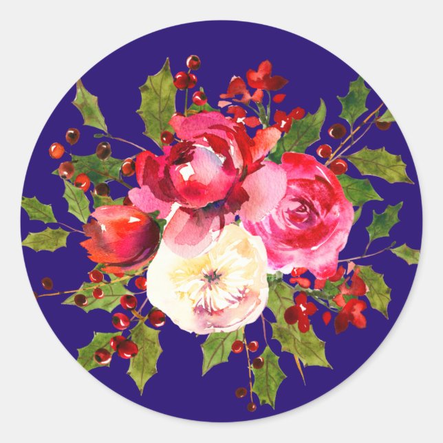 Pegatina Redonda Rosas navidades Holly y Berries (Anverso)