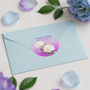 Pegatina Redonda Rosas Ombre Acuarela Azul Rosa Púrpura Boda