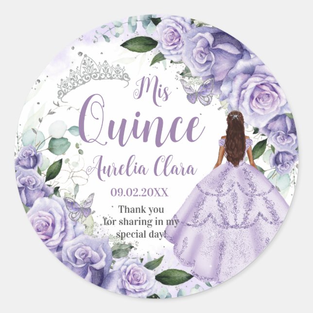 Pegatina Redonda Rosas púrpura de Quinceañera Princesa de Plata Flo (Anverso)