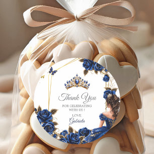 Pegatina Redonda Rosas Quinceañera Tiara Dorada Azul Marítimo