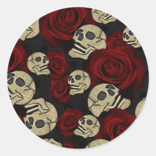 Pegatina Redonda Rosas Rojas & Calaveras Gris Negro Floral Gótico