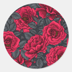 Pegatina Redonda Rosas rojas con hojas grises en negro