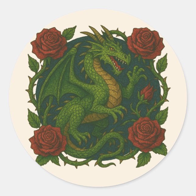 Pegatina Redonda Rosas rojas del Dragón Verde (Anverso)