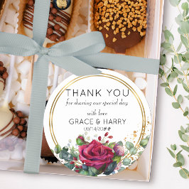 Pegatina Redonda Rosas rojas en los anillos de oro Favor de la boda