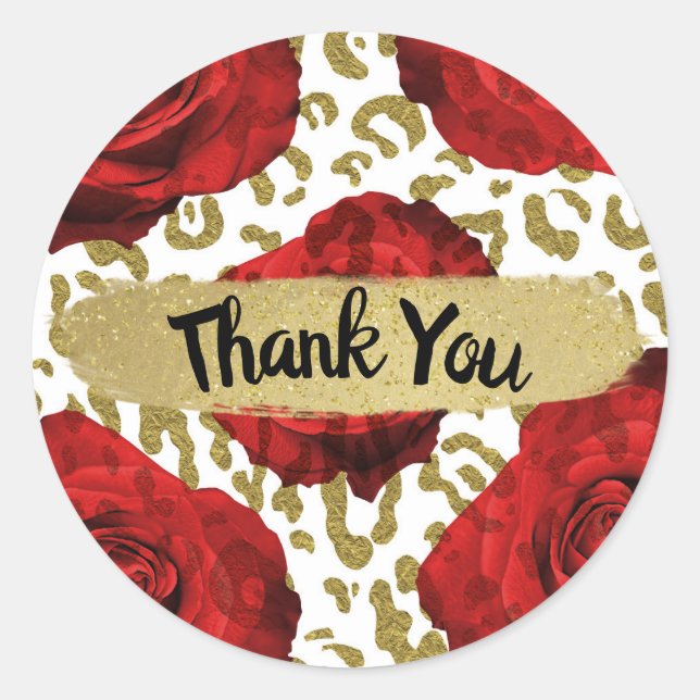 Pegatina Redonda Rosas Rojas Gato Dorado Leopardo Estampado Animal  (Anverso)