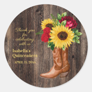 Pegatina Redonda Rosas Rojas Girasoles Botas de Vaquera Quinceañera