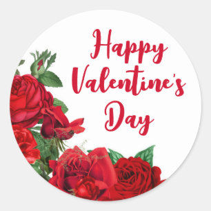 Pegatina Redonda Rosas rojas románticas en El día de San Valentín b