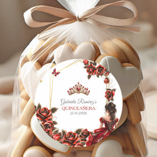 Pegatina Redonda Rosas Rojas Tiara Dorada Quinceañera