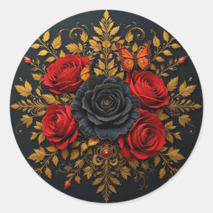 Pegatina Redonda Rosas Rojas y Negras Floración Romántica