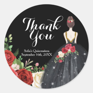 Pegatina Redonda Rosas rojos y negros Mis Quince gracias