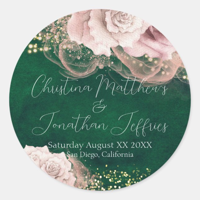 Pegatina Redonda Rosas románticos Bodas de acuarela en verde esmera (Anverso)