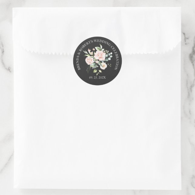 Pegatina Redonda Rosas Rosa Pálidas Bouquet En Lino Negro (Bolso)