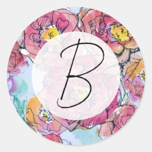 Pegatina Redonda Rosas rosadas con monograma para escribir cartas