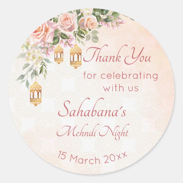 Pegatina Redonda Rosas rosadas crema pastel con linternas marroquíe (Anverso)