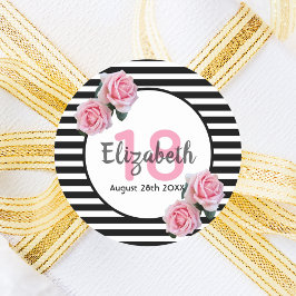 Pegatina Redonda Rosas rosadas de 18 años en franjas blancas negras