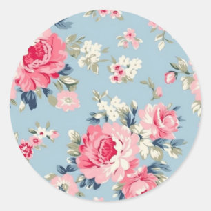 Pegatina Redonda Rosas rosadas de algodón en fondo azul
