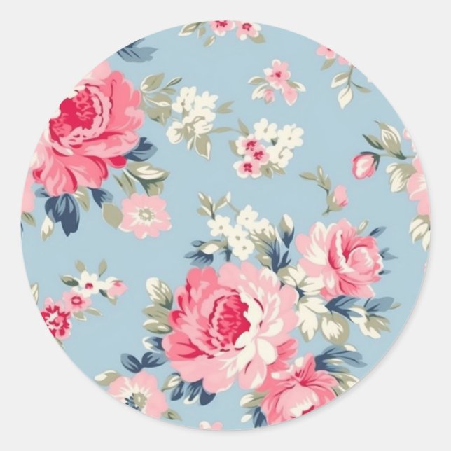 Pegatina Redonda Rosas rosadas de algodón en fondo azul (Anverso)