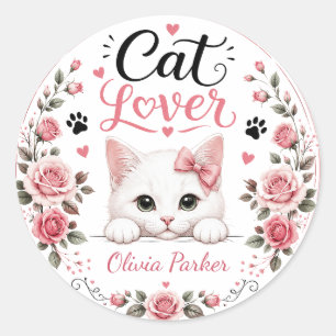 Pegatina Redonda Rosas rosadas nombre personalizado amante gato bla