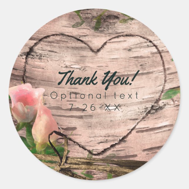 Pegatina Redonda Rosas rosadas rústicas & viñas abedul blanco Favor (Anverso)