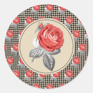 Pegatina Redonda Rosas rosadas vintage y patrón de dientes de perro
