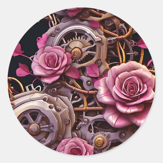 Pegatina Redonda Rosas rosas rosas y artes Metalizado Steampunk (Anverso)