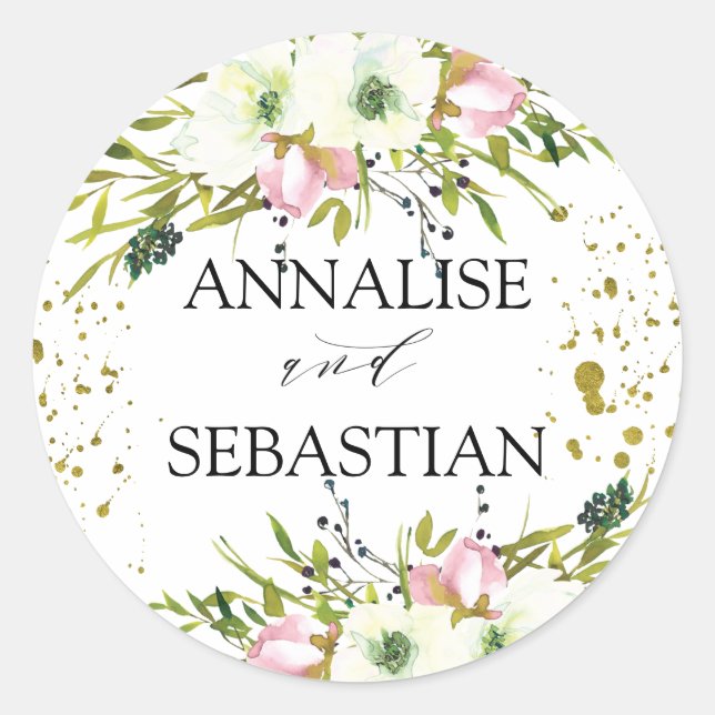 Pegatina Redonda Rosas Rubor y blancas con Boda de salpicaduras de  (Anverso)