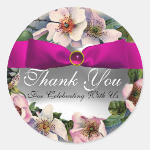 Pegatina Redonda Rosas SALVAJES CON RIBBON ROSA, gracias