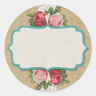 Pegatina Redonda Rosas Shabby Chic en Encaje Antiguo y Arpillera Rú